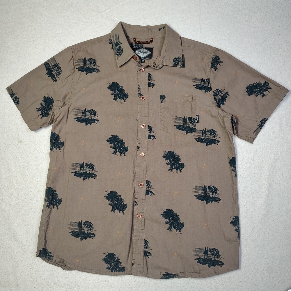 Bohnam Mens Button Up Shirt Size Medium Brown Cotton AOP Wolf Print Short Sleeve